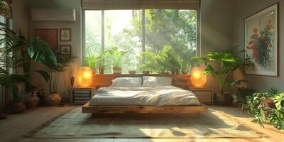 ai généré brillant et confortable moderne chambre avec en bois grand lit. lissage Matin lumière avec moderne décoration. 3d rendre photo