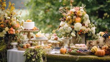 ai généré automnal dessert buffet tableau, un événement nourriture restauration pour mariage, fête et vacances fête, Gâteaux, bonbons et desserts dans l'automne jardin, génératif ai photo