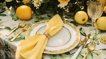 ai généré mariage ou formel dîner vacances fête paysage de table avec citrons et fleurs dans le Anglais campagne jardin citron arbre, Accueil coiffant photo