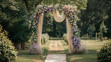 ai généré mariage décor avec lavande thème, floral décoration conception et magnifique décor réglage arrangement photo