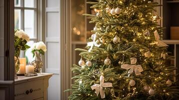 ai généré Noël arbre décorations pour le Anglais pays chalet, Accueil décor, maison dans le campagne et vacances fête photo