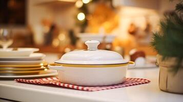 ai généré vaisselle et vaisselle ensemble pour hiver vacances famille dîner, Noël articles ménagers décor pour vacances dans le Anglais pays loger, cadeau ensemble et Accueil coiffant photo