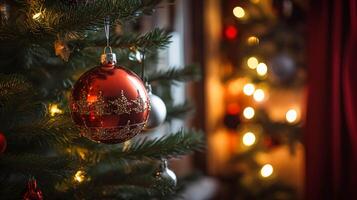 ai généré Noël arbre décorations pour le Anglais pays chalet, Accueil décor, maison dans le campagne et vacances fête photo