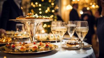 ai généré Noël vacances et Nouveau année fête, dîner table et invités à une luxe Anglais stylé restaurant ou hôtel, Noël arbre décoration, vacances fête et un événement invitation photo