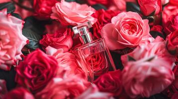 ai généré parfum bouteille dans fleurs, fragrance sur épanouissement arrière-plan, floral parfum et cosmétique produit photo