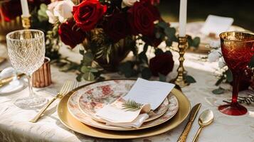 ai généré mariage et un événement fête paysage de table avec fleurs, formel dîner table réglage avec des roses et vin, élégant floral table décor pour dîner fête et vacances décoration, Accueil coiffant photo