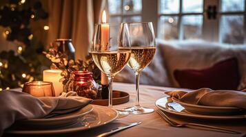 ai généré de fête Date nuit paysage de table idée, dîner table réglage pour deux et Noël, Nouveau année, valentines journée décor, Anglais pays Accueil coiffant photo