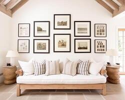 ai généré Galerie mur, Accueil décor et mur art plus de canapé, encadré art dans moderne Anglais pays chalet séance pièce intérieur, vivant pièce pour DIY imprimable ouvrages d'art et impression magasin photo