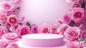 ai généré une produit afficher podium étape avec une rose Contexte orné avec rose fleurs photo