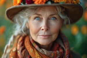 ai généré fermer portrait de un personnes âgées femme dans une chapeau dans l'automne sur le rue photo