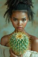 ai généré un Afro-américain fille détient une fleur pot avec une vert cactus. environnement protection et activisme. jardinage et plantation les plantes à Accueil photo