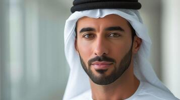 ai généré portrait de Jeune arabain homme d'affaire, sourire et sur de soi photo