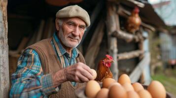 ai généré personnes âgées agriculteur collecte œufs, rouge poule proche photo