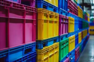 ai généré coloré Plastique espace de rangement bacs empilés dans un industriel entrepôt, avec une flou Contexte soulignant le concept de organisation et logistique photo