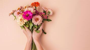 ai généré délicat bouquet dans mains, les mères journée félicité photo