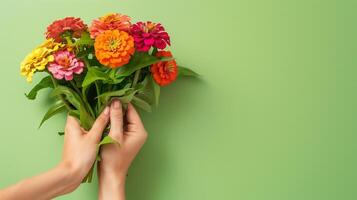 ai généré Frais printemps zinnias dans mains les mères journée bouquet photo