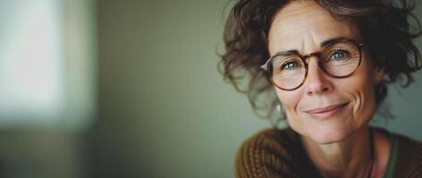 ai généré joyeux frisé aux cheveux femme avec lunettes, copie espace photo