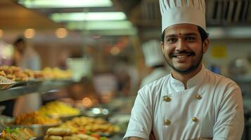 ai généré souriant Indien chef dans commercial cuisine photo