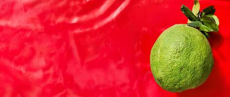 vif citron vert avec feuilles sur rouge toile de fond photo