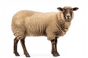 ai généré laineux marron mouton sur blanc Contexte photo