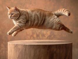 ai généré gingembre chat sauter plus de une en bois podium photo