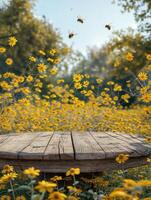 ai généré en bois Plate-forme dans le milieu de une champ de Jaune fleurs et les abeilles en volant autour photo