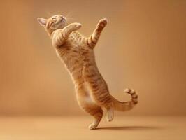 ai généré gingembre chat sur une marron Contexte sauter dans une dynamique pose photo