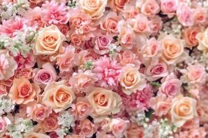ai généré magnifique été fleurs comme Contexte. épanouissement délicat des roses sur épanouissement fleurs de fête arrière-plan, pastel et doux bouquet floral carte. génératif ai. photo