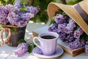 ai généré le carte postale est belle. une fantaisie violet café tasse, un vieux livre, une paille chapeau et une bouquet de violet lilas. magnifique encore vie. printemps temps. génératif ai. photo