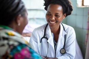 ai généré souriant femelle africain médecin parlant à patient photo