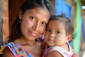 ai généré latino mère et bébé enfant aimant embrasse photo