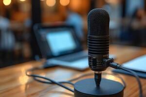 ai généré proche en haut microphone dans flou Contexte points forts Podcast studio photo