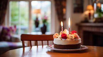 ai généré fait maison anniversaire gâteau dans le Anglais campagne loger, chalet cuisine nourriture et vacances cuisson recette photo