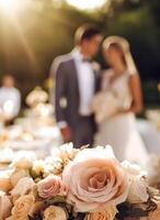 ai généré mariage la cérémonie et fête, la mariée et jeune marié à une magnifique Extérieur lieu sur une ensoleillé jour, luxe mariage décor avec fleurs et de mariée bouquet, génératif ai photo