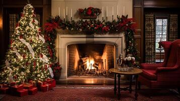 ai généré Noël à le manoir, Anglais campagne décoration et intérieur décor photo