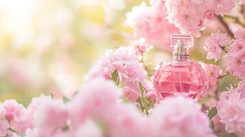 ai généré parfum bouteille dans fleurs, fragrance sur épanouissement arrière-plan, floral parfum et cosmétique produit photo