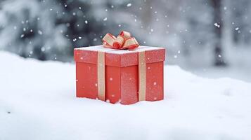 ai généré Noël vacances cadeau et cadeau, cadeau boîte dans le neige dans chute de neige hiver campagne la nature pour boxe jour, vacances achats vente photo