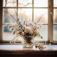 ai généré floral arrangement avec hiver, l'automne ou de bonne heure printemps botanique les plantes et fleurs photo