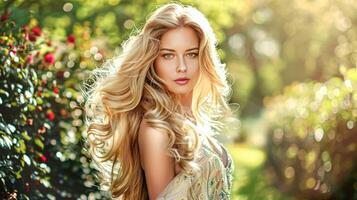 ai généré femme avec magnifique longue en bonne santé cheveux dans été jardin, Naturel maquillage et blond coiffure, de mariée beauté style, mariage mode campagne et charme Regardez photo