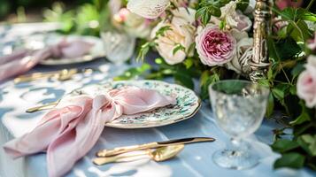 ai généré jardin fête paysage de table, élégance avec floral table décor photo