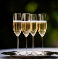 ai généré luxe service, des lunettes de Champagne servi par une serveur à une mariage fête ou un événement dans formel Anglais style à luxueux Hôtel ou pays biens jardin, génératif ai photo