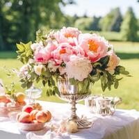 ai généré pays vie, jardin et floral décor, pivoine fleurs bouquet dans le campagne, pays chalet style, génératif ai photo