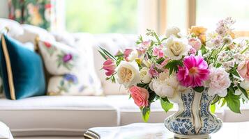 ai généré printemps fleurs dans ancien vase, magnifique floral arrangement, Accueil décor, mariage et fleuriste conception photo