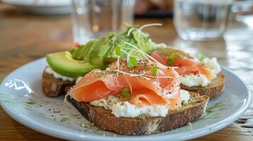 ai généré Avocat pain grillé avec fumé Saumon pour petit-déjeuner, fait maison cuisine et traditionnel nourriture, pays la vie photo