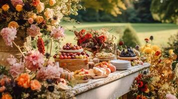 ai généré automnal dessert buffet tableau, un événement nourriture restauration pour mariage, fête et vacances fête, Gâteaux, bonbons et desserts dans l'automne jardin, génératif ai photo