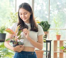 portrait jardin ferme femme Jeune asiatique fille un la personne magnifique sourire prendre plaisir content supporter main en portant et à la recherche petit vert arbre pot plantation atelier pièce maison et se détendre été journée pour emploi loisir photo