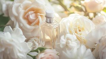 ai généré parfum bouteille dans fleurs, fragrance sur épanouissement arrière-plan, floral parfum et cosmétique produit photo