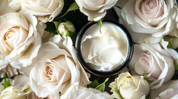 ai généré visage crème Crème hydratante comme soin de la peau et soin du corps produit avec fleurs arrière-plan, spa et biologique beauté produits de beauté pour Naturel peau se soucier routine photo