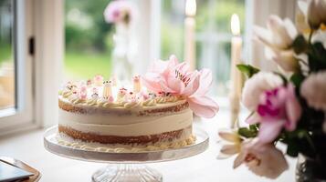 ai généré fait maison anniversaire gâteau dans le Anglais campagne loger, chalet cuisine nourriture et vacances cuisson recette photo