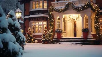 ai généré Noël dans le campagne manoir, Anglais pays maison Manoir décoré pour vacances sur une neigeux hiver soir avec neige et vacances lumières, joyeux Noël et content vacances photo